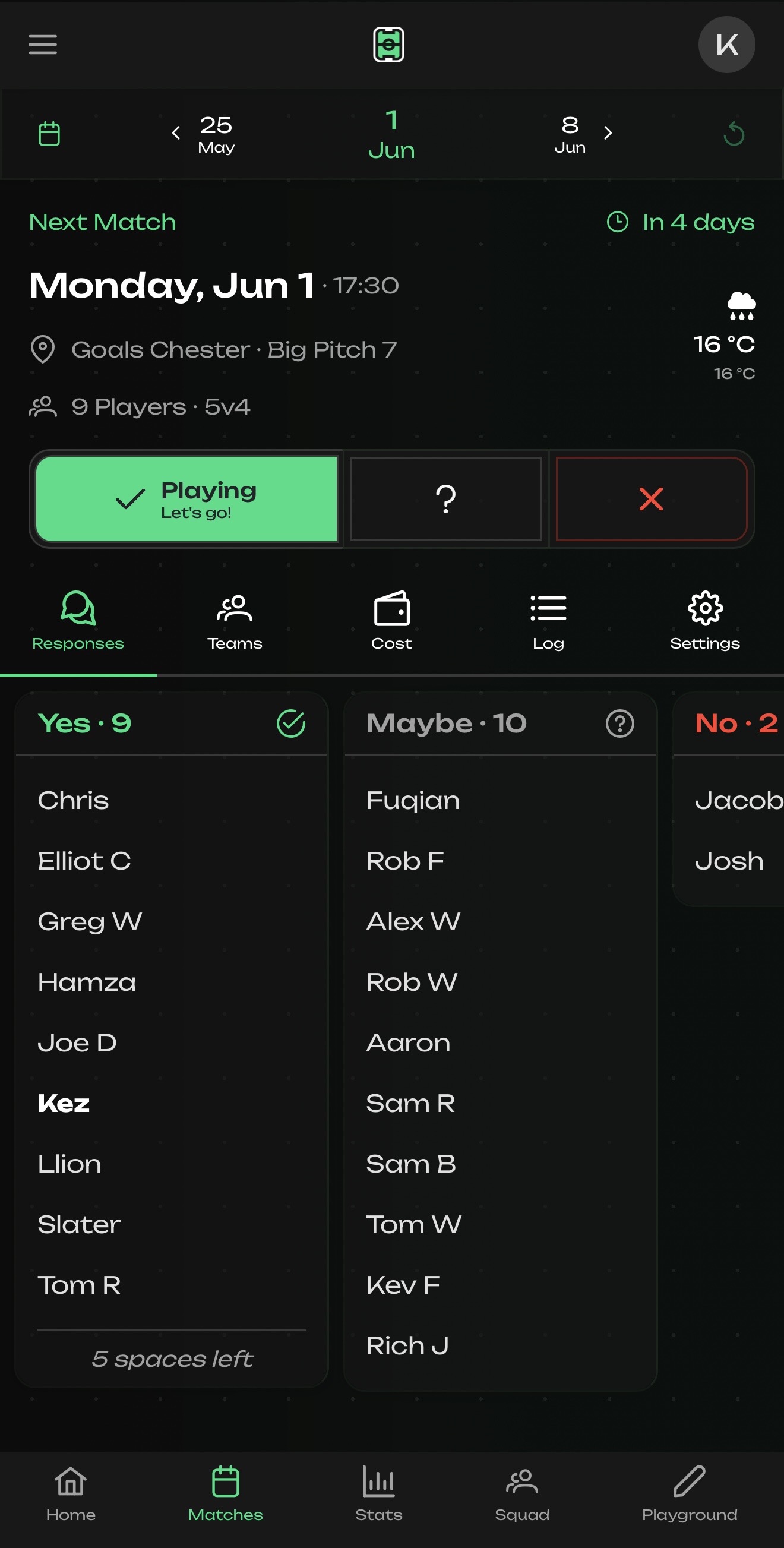 Aside Assist match view showing player availability and confirmed squad