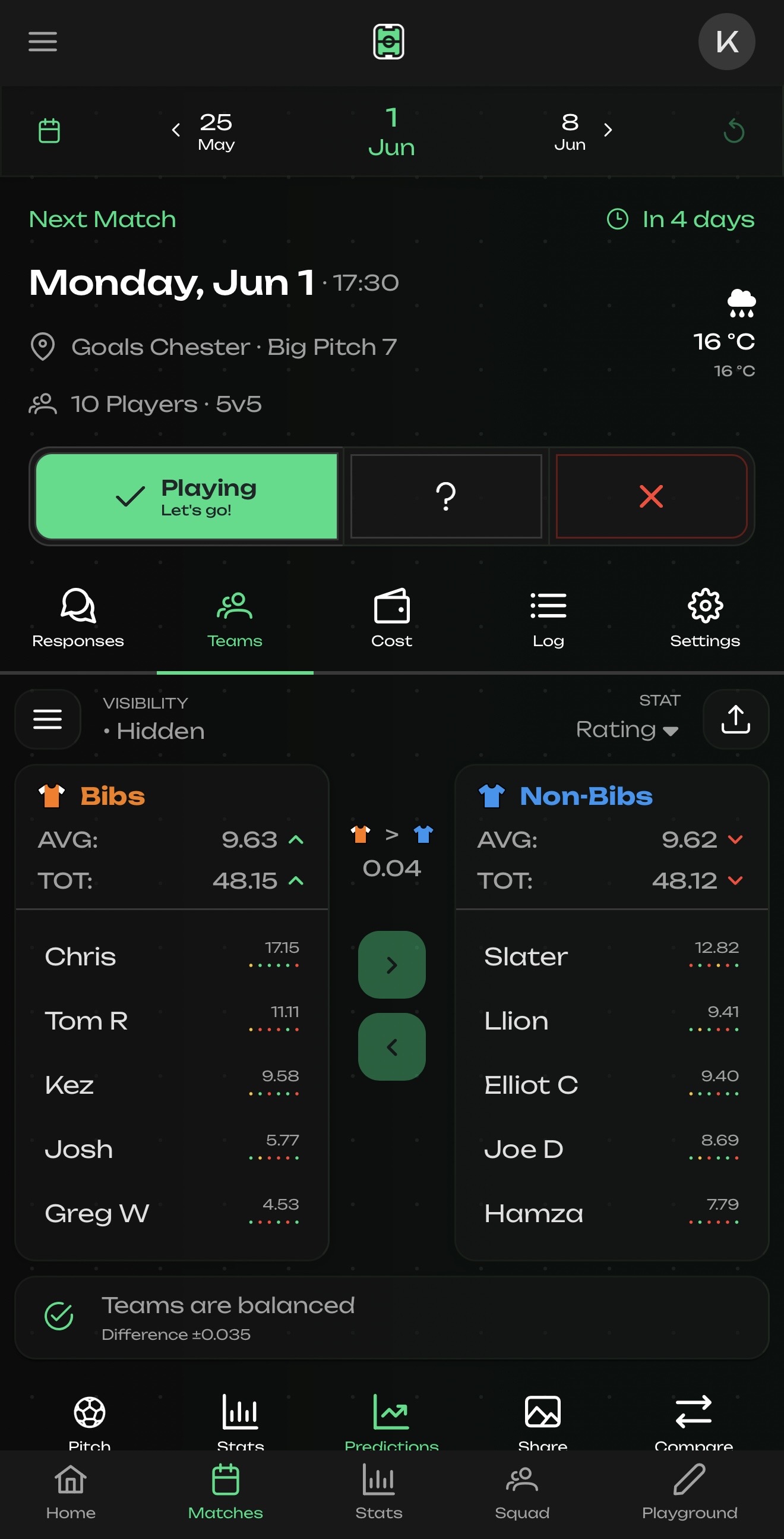 Aside Assist team balance screen showing two balanced sides with ratings